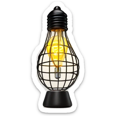 exposed incandescent bulb mounted in a wire cage on a portable light stand sticker