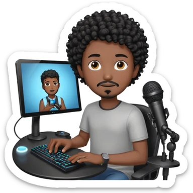 a setup of a youtuber his blach curly short hair, a thin goatee, with a desktop pc on a table, a gaming chair, microphone, ring light sticker