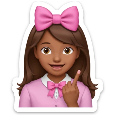 Chica con pelo marron sonriendo con un lazo rosa en la cabeza y mordiendose la punta del dedo indice con delicadeza y la otra mano que no salga en el emoji sticker