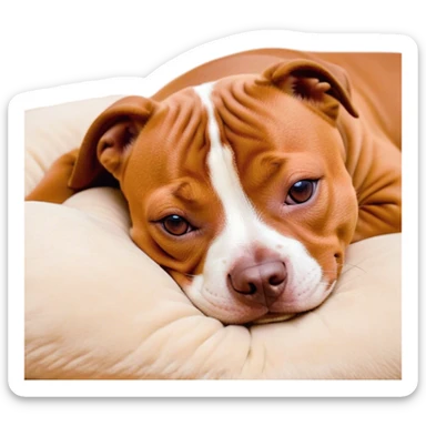 Meme-Worthy Cute Sleeping Red/Fawn Staffordshire Bull Terrier Portrait Emoji, Head resting peacefully with a contented smile, showcasing a delightfully compact build and a luxuriously soft red/fawn Fur with subtle white highlights, eyes shut in a serene nap, Simplified yet hilariously adorable features, highly detailed, glowing with a soft, drowsy light, high shine, relaxed and utterly lovable, stylized with an air of playful laziness, bright and heartwarming, soft glowing outline, capturing the essence of a comically sleepy guardian, so meme-worthy it feels like it could instantly become the next viral sensation of adorable slumber! sticker