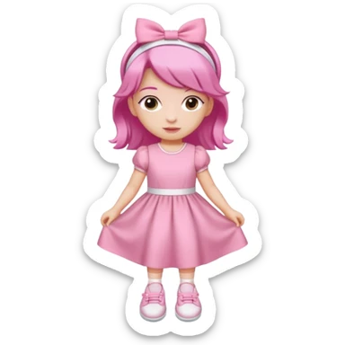 A girl wear a a pink pink dress and pink wacth and a pink hairband and a white shoes sticker