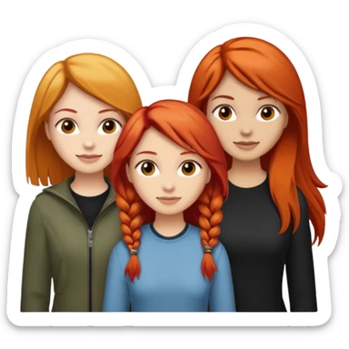 Can you create an image of 3 friends together one with red bright hair light skin one the other with brown hair with some blonde highlights in the hair fair skin the last one with light brown a tint of orange hair and black long hair sticker