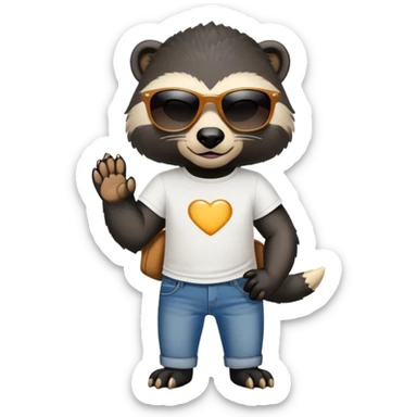 friendly anthropomorphised honey badger in jeans and a t-shirt, wearing sunglasses, head and shoulders portrait sticker