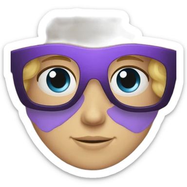 caucasian curly blonde long haired blue eyes woman purple t-shirt black glasses sticker