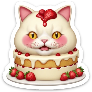 A chubby cat aggressively eating a giant strawberry cake, cream all over its face, exaggerated expression, vibrant colors, cartoon style, playful and humorous mood
, sticker