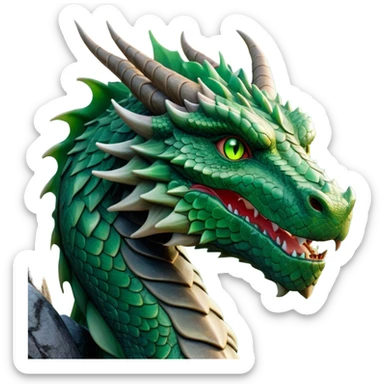Cinematic Noble Giant Green scaled Dragon Portrait Emoji, Poised and awe-inspiring, with a massive, rugged form carved from ancient stone, featuring intricately textured scales that resemble weathered granite and basalt, and piercing, stony eyes echoing the strength of timeless mountains; rendered with lifelike detail and earthy natural highlights, high shine, formidable and grounded, styled with an aura of primordial majesty, focused and resolute, soft glowing outline, capturing the essence of an enduring rock titan ready to surge from the screen with ageless power! sticker