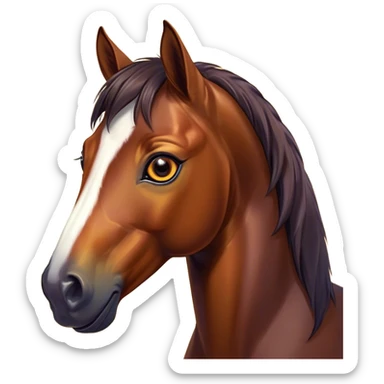 Cinematic Cute Bay Horse Portrait Emoji, Head tilted playfully and inquisitively, showcasing a glossy bay fur with a vibrant sheen and expressive amber eyes filled with curiosity, Simplified yet irresistibly adorable features, highly detailed, glowing with a warm, friendly glow, high shine, affectionate and spirited, stylized with a touch of whimsy, bright and endearing, soft glowing outline, capturing the essence of a mischievous yet loving horse, so playful it feels like it could prance out of the screen and into your arms! sticker
