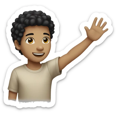 A light skin tone boy with black eyes black hair saying hi by waving hand sticker