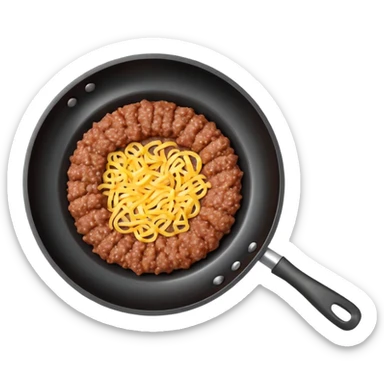 A 3D cartoon frying pan with minced meat being cooked, top view, realistic texture, Memoji-style. sticker