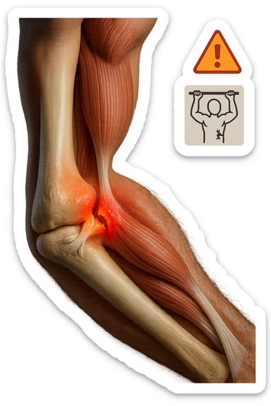 3D, vertical anatomical visualization: close-up of a man’s elbow during a pull-up, with the internal anatomy visible. A clear rupture or lesion is shown in the tendon or ligament, colored in red and orange. Swelling and inflammation are depicted around the joint. A warning icon and a small infographic explain the mechanism of injury. sticker