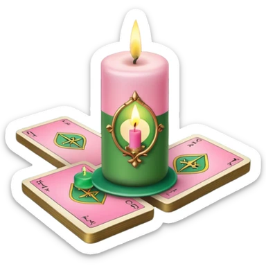 A green and pink deck of tarot cards and a one candle nearby sticker