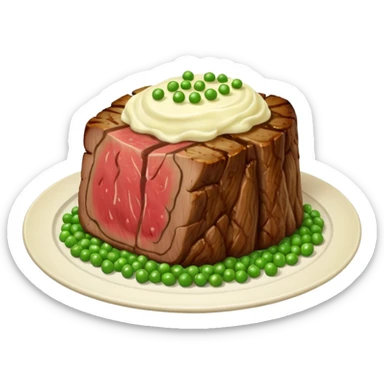 Prime rib steak dinner with mashed potatoes and peas sticker