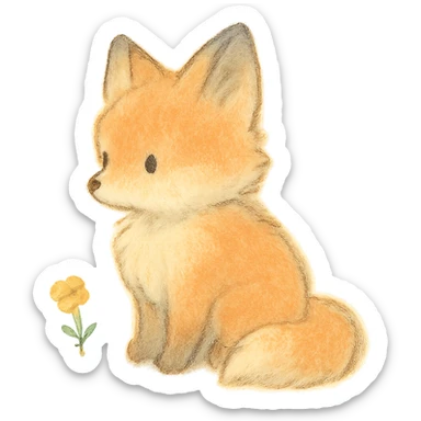 fluffy baby fox silhouette, Japanese soft pastel hand-drawn style, full object, transparent background, with a tiny flower sticker