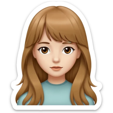 Uma garota de cabelo ondulado marrom,mas com franja lisa e olhos pretos, e a cor de pele branca,e o cabelo LONGO  sticker