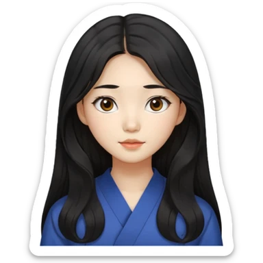 Korean girl with long black hair that is slightly wavy, with a middle part and face framing hairstyle. Asian eyes, brown colored eyes sticker