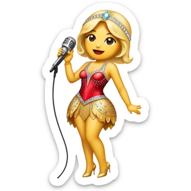 Create a glamorous and eye-catching emoji representing stage vocals, featuring a vintage stage microphone as the central element. Surround the microphone with a vibrant, sparkling stage costume covered in rhinestones, capturing the essence of a classic stage performance. The costume should be flashy, with shiny accents and a dazzling effect to evoke the energy and elegance of a live performance. Add subtle musical notes floating around to emphasize the connection to singing. Use bright, bold colors like gold, silver, and deep reds, along with glittering details to create a luxurious and dynamic atmosphere. The background should be transparent. sticker