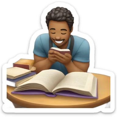 imagen estilizada de un estudiante riendose y saltand sacando fotocopias con un libro en sus manos sticker