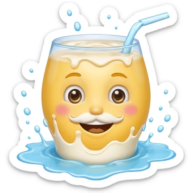 smiling face with milk mustache and splashes, cute and humorous, emoji style, suitable for emoji use sticker