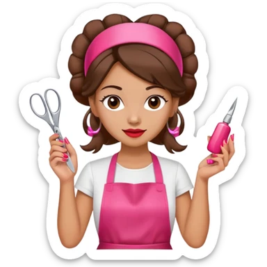 Woman with hair styled in headband, wearing red apron, holding pink nail polish in one hand and scissors in other hand, beauty salon worker sticker