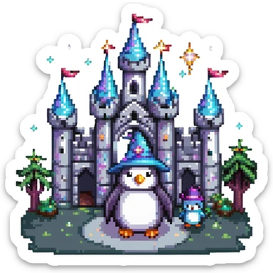 penguin wizard with magical sparkles, a unicorn, fairy, and tiny goblin companion in a pixelated fantasy world with a castle sticker