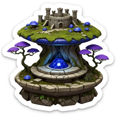  Ancient alien saucer-castle jungle winding trail mountainside getaway haunted nighttime landscape antique mudman very old broken cracked intricately detailed Stone Age lapis-crusted irregular dodecagon-shaped shallow dark moss rough bark violet flowered maple bonsai Saikei coffee table-sized pot  sticker