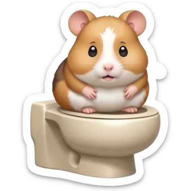 Cute chubby cartoon-style hamster sitting on toilet pooping looking as if he had an accident sticker