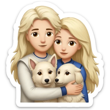 White Shepard short fur Brown eyes .the Dog ist huggin from a Long haired blonde lady sticker