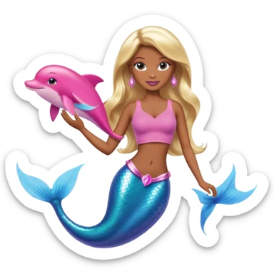 Brown skin blonde hair barbie mermaid with pink dolphin  sticker