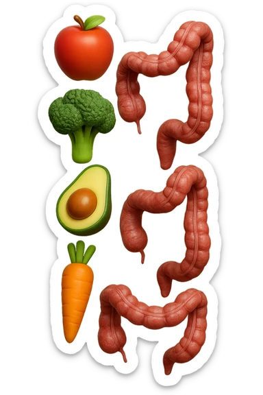 emoji stile iphone in 3d di cibo sano che fluttua in aria vericalmente insieme ùa pezzi di colon umano anatomico, iperrealistico 4k sticker