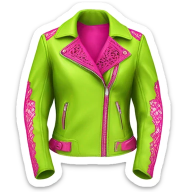Realistic isolated side view of an open lime green fashion leather jacket with hot pink lace trim on it. sticker