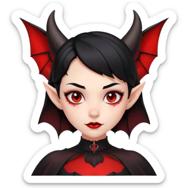 demon girl, skin 100% solid red (no pale/blush), black hair, small horns, pointed ears, bat wing, black open-back dress, bold black outlines, red+black palette sticker
