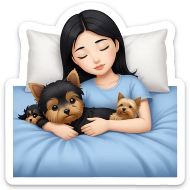 pretty asian girl with black hair sleeping in bed with yorkshire terrier sticker