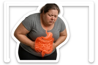 DONNA LEGGERMENTE SOVRAPPESO PIEGATA IN AVANTI FRONTALMENTE CON INTESTINO ANATOMICO IN EVIDENZA, MAL DI PANCIA iperrealistico 4k sticker