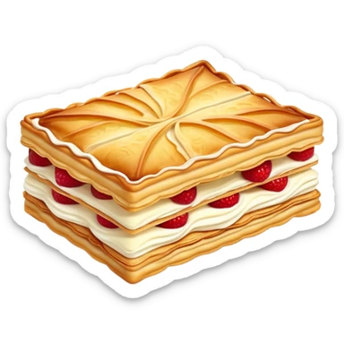 mille-feuille-cinematic-realistic-mille-feuille-dessert-emoji,-depicted-as-a-rectangular delicate-pastry-composed-of-two-crisp-layers-of-puff-pastry-with-a-rich-cream-filling,-rendered-with-intricate-textures-and-elegant,-soft-lighting. Please only show two layers only. sticker