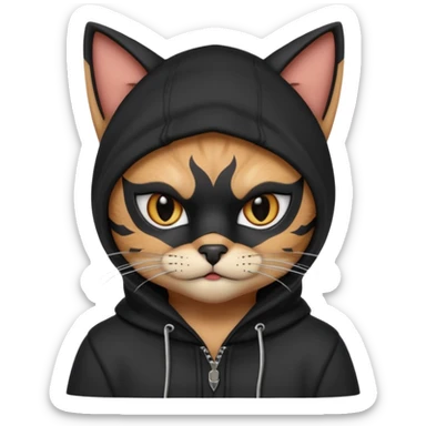 thief cat portrait, head and shoulders only, black mask markings, sly eyes, dark hoodie collar, mischievous expression, 3D cartoon, mobile game icon style, clean background, no text, no watermark
 sticker