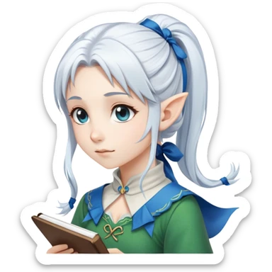 Anime style. A young elf girl with white hair worn in a ponytail held by an azure ribbon. She is taking notes. sticker
