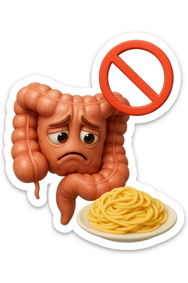 EMOJI STILE IPHONE DI un intestino umano anatomico triste mentre guarda un piatto di pasta con divieto 3d sopra: non la può mangiare, fagli anche la parte bianca degli occhi, non solo le pupille, REALISTICo 4K sticker