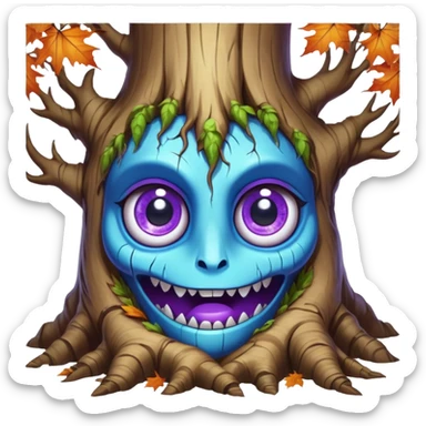 An ancient, psychic tree evolves by absorbing the essence of fallen autumn spirits, sprouting a radiant, maple-crowned face that channels both forest wisdom and fiery seasonal magic through its gnarled. Purple eyes, blue eyes sharp teeth, bark wood skin, heterochromatic eyes sticker