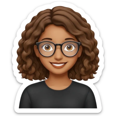 brown girl with wavy  shoulder length hair. glasses, sticker