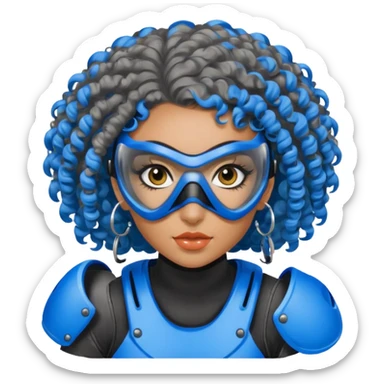 blue curly haired paintball playergirl with huge earrings, wearing paintball mask sticker