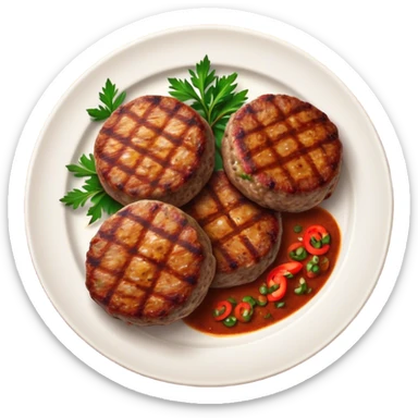 Cinematic Realistic image of Turkish Köfte, presented as perfectly formed, spiced meat patties with detailed textures and subtle grill marks, arranged artfully on a simple plate and illuminated by warm, appetizing lighting that accentuates their savory appeal. sticker