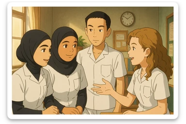 Ghibli style interior scene with four nursing students interacting. They wear white short-sleeve uniforms with V-neck medical tunics and a left chest pocket, no stethoscopes or clothes under the tunic. Collaborative atmosphere with a different composition. sticker