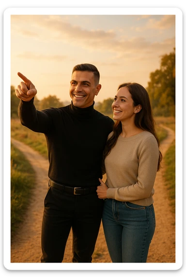 a couple stands at a crossroads, the man pointing confidently toward a direction while the woman looks at him with trust and optimism. Both are illuminated by soft, uplifting light, representing faith in each other’s strengths and the positive outcomes of working together. sticker