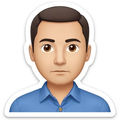 Middle-aged Hispanic man with round face, broad cheekbones, light skin. Warm brown eyes, thick straight eyebrows. Short brown hair combed slightly back with receding hairline. Professional look. Wearing a blue button-down shirt. sticker