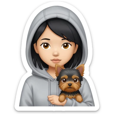 a black-haired asian girl wearing a grey hoodie with a yorkie  sticker