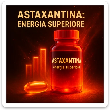 hyper realistic Astaxantina with glow effect, orange and golden capsule, glowing red bottle, bar chart, text 'Astaxantina: energia superiore', energetic atmosphere sticker