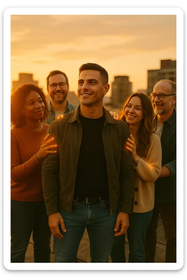 A cinematic scene of a man in his early 30s standing at the center of a sunlit urban rooftop during golden hour, surrounded by a diverse group of supportive, smiling people — friends, mentors, colleagues. They’re standing slightly behind or beside him, hands on his shoulder or gesturing toward him with encouragement. The man looks forward with a confident, inspired expression, body slightly relaxed, as if something inside di lui sta cambiando. The light behind the group forms a halo effect, emphasizing warmth and unity. Subtle visual symbolism: faint glow around their hands and hearts, suggesting their energy is uplifting him. Realistic clothing, modern style — jeans, T-shirts, casual jackets. The mood is inspiring, grounded, and full of potential. Shot in 35mm film style, with rich warm tones, shallow depth of field, and vibrant human detail. sticker