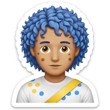 Make me an emoji that has a guy with a white shirt and yellow tape around the shirt with brown and blue spots hair make the hair curly make the yellow tape go around it sticker