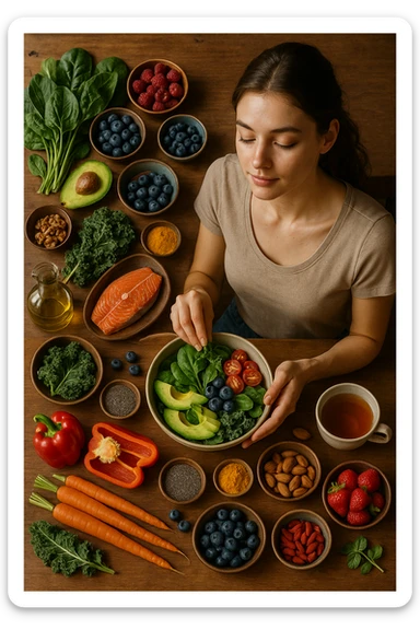 A realistic, cinematic flat-lay image of a clean wooden kitchen table filled with fresh, colorful whole foods known to help reduce androgen excess naturally. The table includes leafy greens like spinach and kale, avocados, berries, colorful vegetables, nuts, seeds (chia and flaxseeds), wild-caught salmon, and herbal teas, carefully arranged in an aesthetically pleasing, organized manner. A small glass bowl with olive oil and another with turmeric powder are included, emphasizing anti-inflammatory properties. In the scene, a young woman with clear, healthy skin and a calm expression is preparing a bowl with these ingredients, symbolizing a hormone-balancing diet. Warm, natural daylight streams in, creating a cozy and inviting atmosphere. The style is hyper-realistic 35mm photography, with vibrant yet soft colors, showcasing textures of the fresh produce and the peaceful vibe of using nutrition to support hormonal balance in italiano sticker