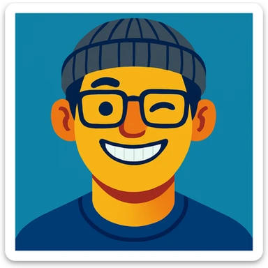 Make the beanie grey with black stripes. The guy is smiling, showing upper teeth, keep the clean modern illustration style. sticker